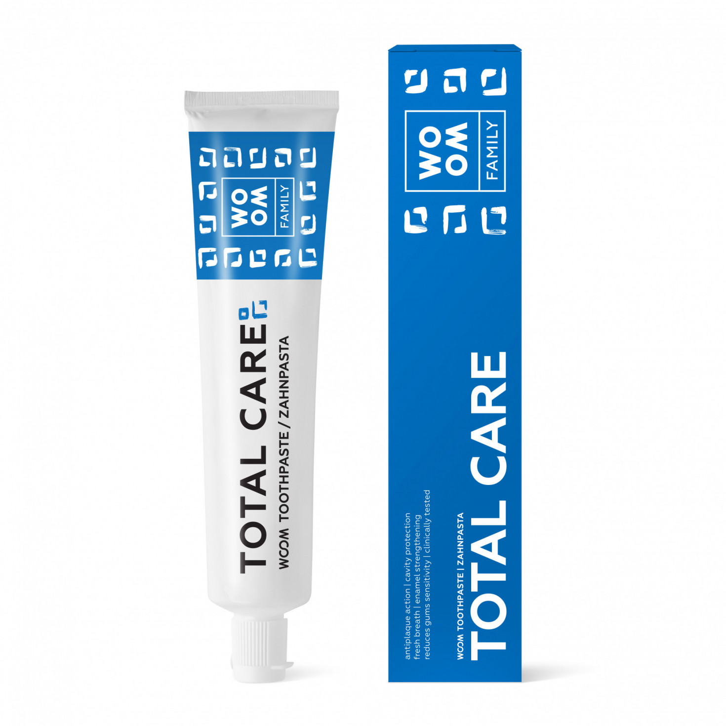 Zobu pasta <br> <strong> WOOM FAMILY<br> TOTAL CARE</strong><br><br><br>